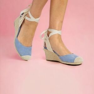 Vionic Espadrilles ARUBA Wedge Blue Suede Jute Sandals Size 7